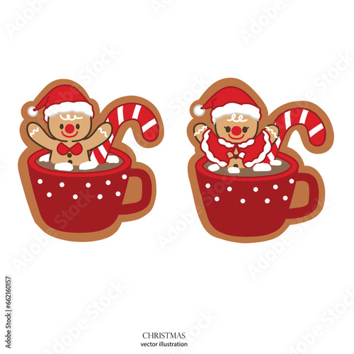 Gingerbread cookies wearing Santa costumes In a cute hot cocoa cup