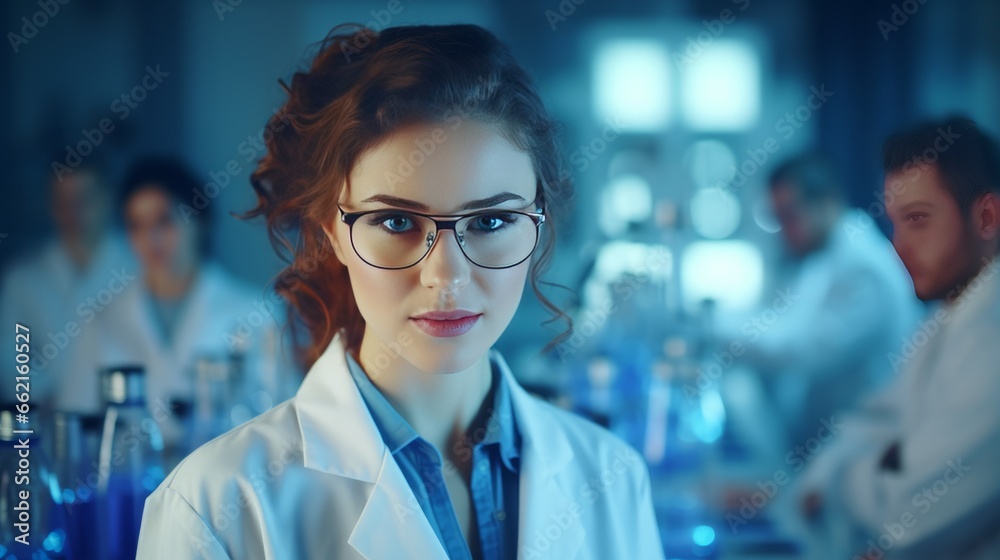 A female scientist wearing glasses and a lab coat A female scientist wearing glasses and a lab coat
