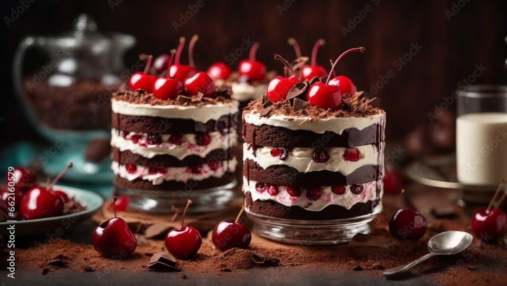 Schwarzwald Cake, Black Forest Cake in small glass jars, biscuit layered with whipped cream and cherries, garnished with chocolate shavings. bright colored theme