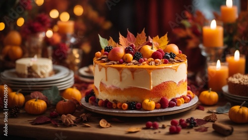 Autumn styled cake on a table decorated for a party celebration