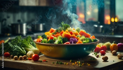 Steam cooked healthy vegetables in bowl plate photo