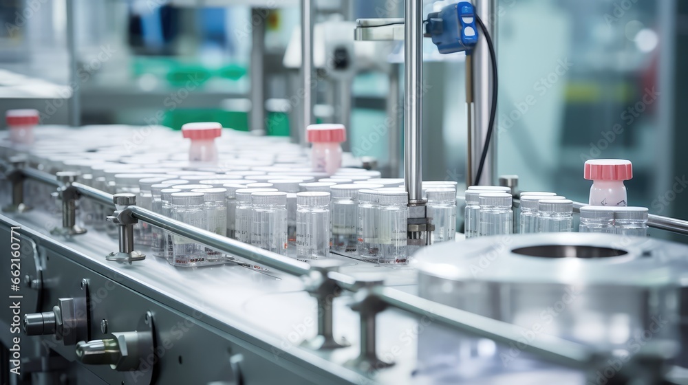 pharmaceutical industry. Production line machine conveyor with glass bottles ampoules at factory pharmaceutical industry. Production line machine conveyor with glass bottles ampoules at factory