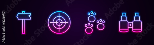 Set line Road traffic sign, Target sport, Paw print and Binoculars. Glowing neon icon. Vector