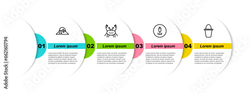 Set line Fisherman hat, Crab, Fishing hook and bucket. Business infographic template. Vector