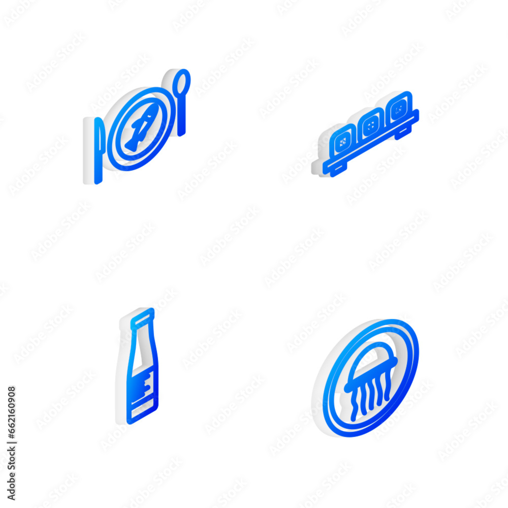 Set Isometric line Sushi on cutting board, Served fish plate, Sauce bottle and Jellyfish icon. Vector Set Isometric line Sushi on cutting board, Served fish plate, Sauce bottle and Jellyfish icon. Vector