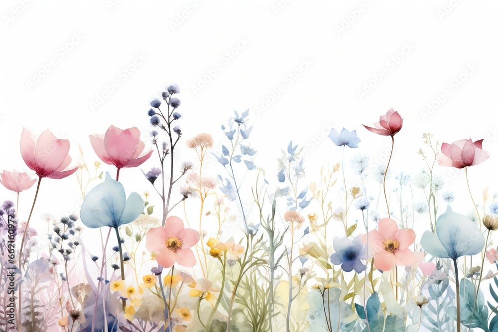 Bordure harmonieuse avec des fleurs, des feuilles et des plantes multicolores enneigées et glacées abstraites, des flocons de neige. fond blanc, illustration de prairie d'hiver. IA générative, IA