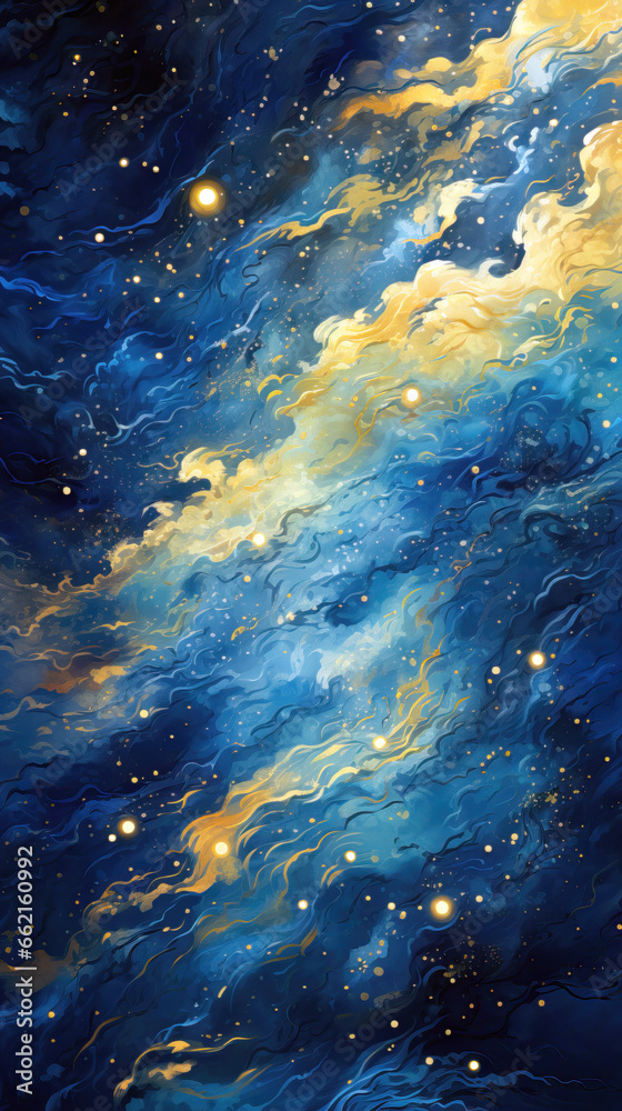 Fototapeta premium Abstract blue gold cosmic background with space, stars and nebula