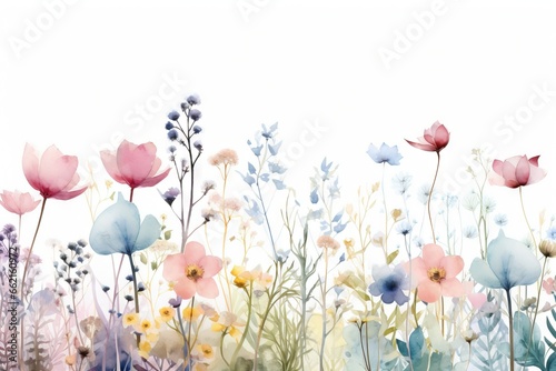 Bordure harmonieuse avec des fleurs, des feuilles et des plantes multicolores enneigées et glacées abstraites, des flocons de neige. fond blanc, illustration de prairie d'hiver. IA générative, IA