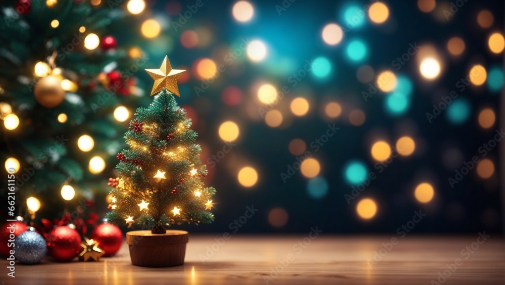 Christmas mini tree and a star in background on festive broker light. decoration and holiday. - obrazy, fototapety, plakaty 