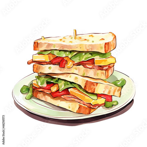 Club Sandwich Watercolor Illustration on Transparent Background - Gourmet Food Art
