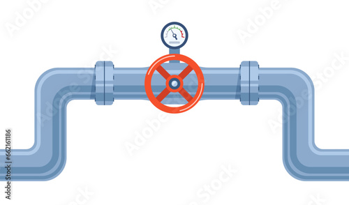 Pipe of water with valve and meter of pressure. Construction of steel tube. Vector illustration.