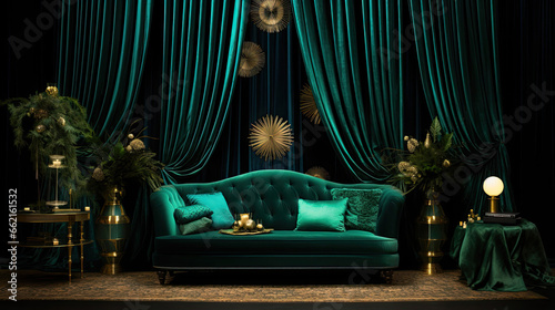 stage with couch, stars and green curtains