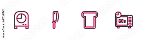 Set line Kitchen timer, Bread toast, Meat chopper and Microwave oven icon. Vector