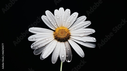 A close-up of a daisy with pure white petals against a jet black background  creating a stark and minimalist visual impact