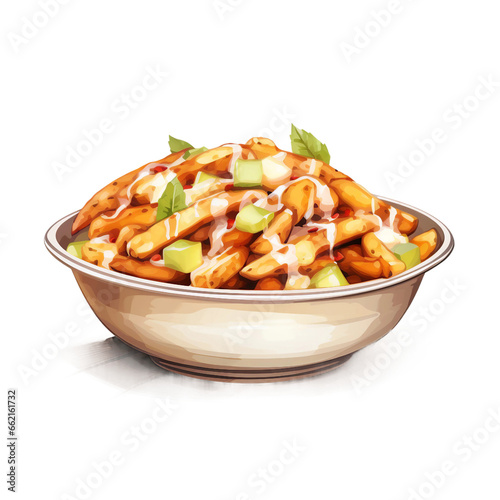 Poutine Watercolor Illustration - Canadian Comfort Food with Fries, Gravy, and Cheese Curds