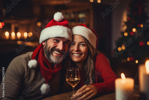 Happy young couple celebrating Christmas at home, holding glasses of wine, looking at camera and smiling.
