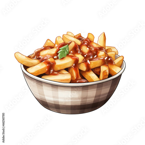 Poutine Watercolor Illustration - Canadian Comfort Food with Fries, Gravy, and Cheese Curds