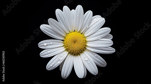 A close-up of a daisy with pure white petals against a jet black background  creating a stark and minimalist visual impact