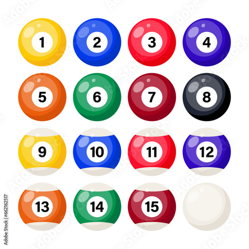 Billiard, pool balls with numbers, set. Realistic glossy snooker ball. Vector illustration.