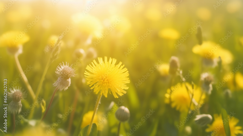 Campo de flores amarillas diente de león al atardecer recibiendo últimos rayos del sol.  - obrazy, fototapety, plakaty 