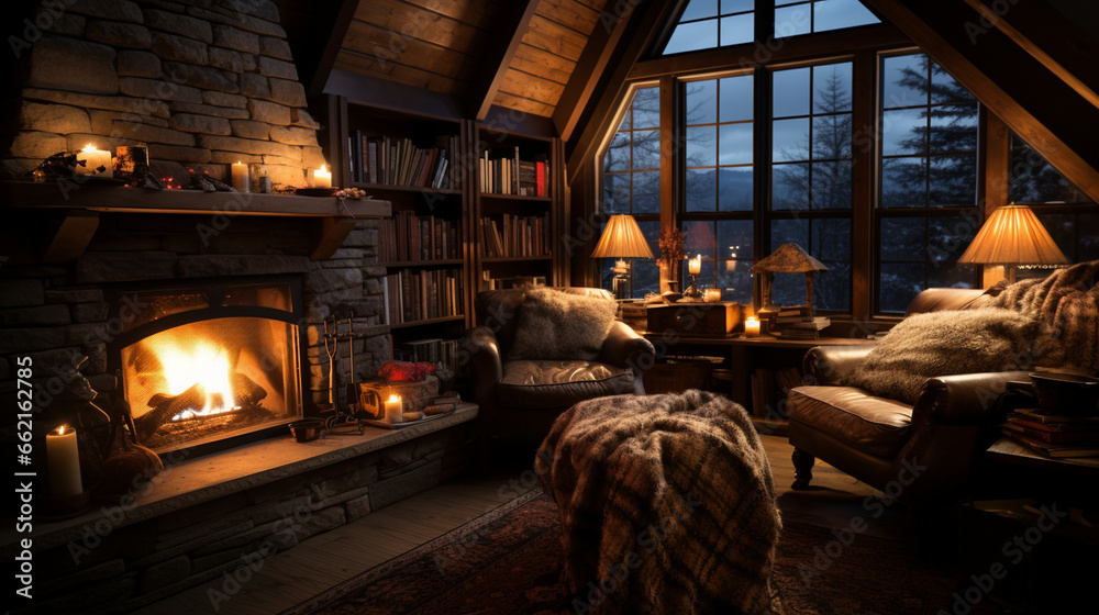 Fireside Reading: A cozy nook inside a winter resort lodge, with a reader enjoying a book by the fireplace, snowflakes falling outside. Fireside Reading: A cozy nook inside a winter resort lodge, with a reader enjoying a book by the fireplace, snowflakes falling outside.