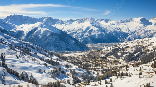 Ski Resort Panorama: An aerial view of a grand ski resort with various slopes, lifts, and chalets, set against a stunning mountain backdrop. © Наталья Евтехова