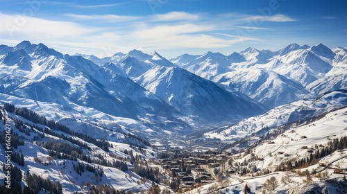 Ski Resort Panorama: An aerial view of a grand ski resort with various slopes, lifts, and chalets, set against a stunning mountain backdrop.