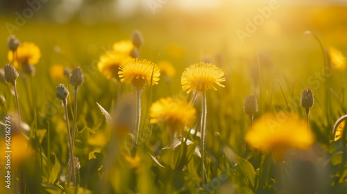 Campo de flores amarillas diente de león al atardecer recibiendo últimos rayos del sol. 