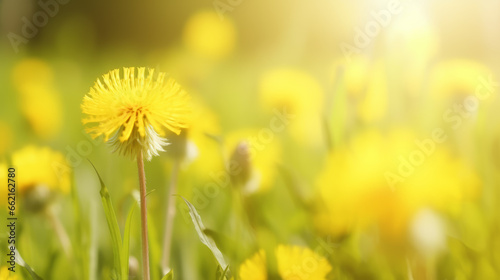 Campo de flores amarillas diente de león al atardecer recibiendo últimos rayos del sol. 