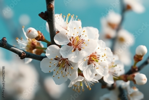 Fotografia Flores de almendro en primavera, rama de almendro en flor sobre cielo azul