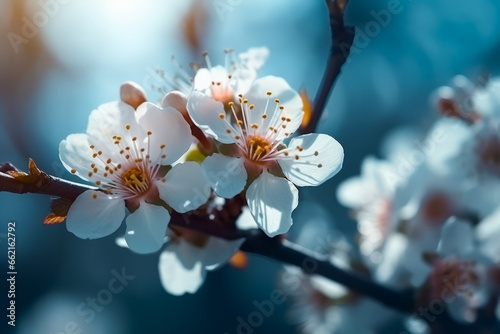 Fotobehang Flores de almendro en primavera, rama de almendro en flor sobre cielo azul