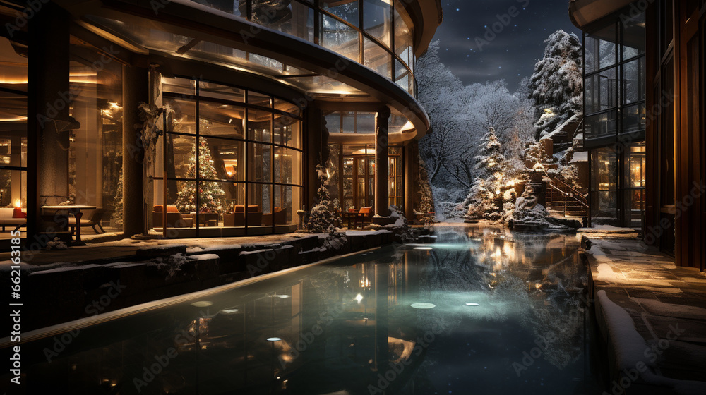 Winter Spa Bliss: A serene spa scene in a resort, with guests relaxing in hot tubs while snowflakes fall gently around them. - obrazy, fototapety, plakaty 
