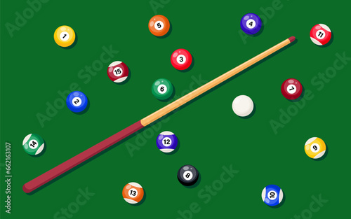Billiard cue and pool balls on green table. Billiard balls and pool stick for game on green table, top view. Vector illustration.