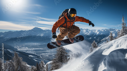 Snowboard Trick: A snowboarder in mid-air, executing an impressive trick on a terrain park jump, with a snowy landscape below.