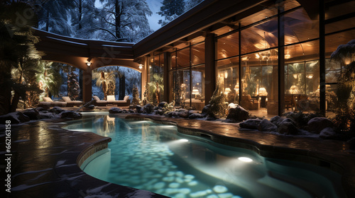 Winter Spa Bliss  A serene spa scene in a resort  with guests relaxing in hot tubs while snowflakes fall gently around them.