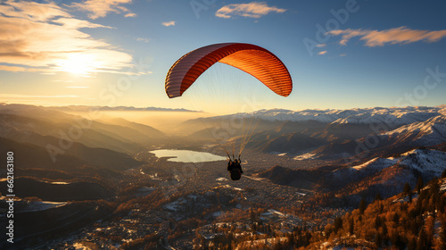 Adventurous Paragliding: A paraglider soaring through the winter sky, capturing an exhilarating moment of flight with a snow-covered landscape beneath.