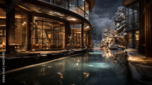 Print op canvas Winter Spa Bliss: A serene spa scene in a resort, with guests relaxing in hot tubs while snowflakes fall gently around them