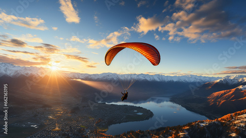 Adventurous Paragliding: A paraglider soaring through the winter sky, capturing an exhilarating moment of flight with a snow-covered landscape beneath.