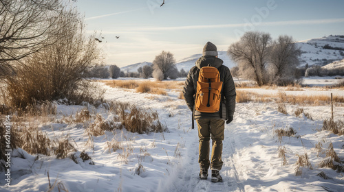 Winter Birdwatching: A dedicated birdwatcher observing winter birds in a snowy landscape, with binoculars and a field guide in hand. photo
