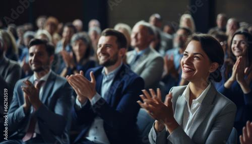 Business people clapping hands during a conference, professionals applauds, celebrating a successful presentation. Teamwork and achievement fill the room with positive energy.,Banner