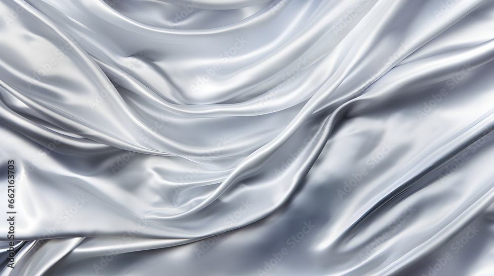 Silver satin background with smooth folds. Satin silk fabric background. Rippling scarf texture. Luxury shiny wallpaper in silver - obrazy, fototapety, plakaty 