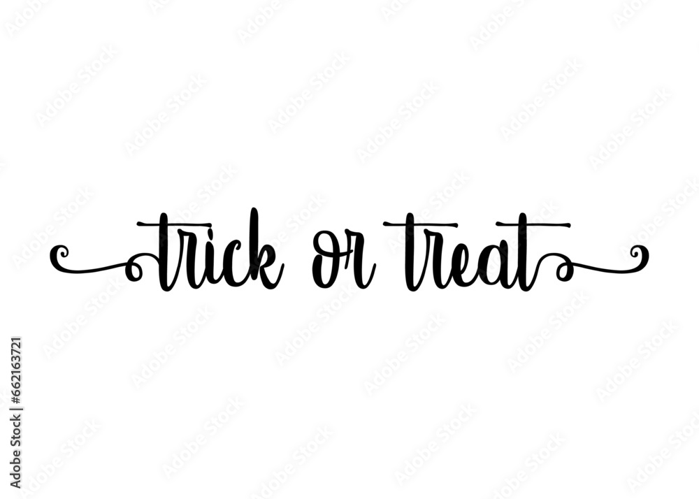 Logo con texto manuscrito trick or treat con raya de decoración de caligrafía para su uso en invitaciones y tarjetas de Halloween