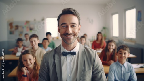 A man in a bow tie interacting with a group of children