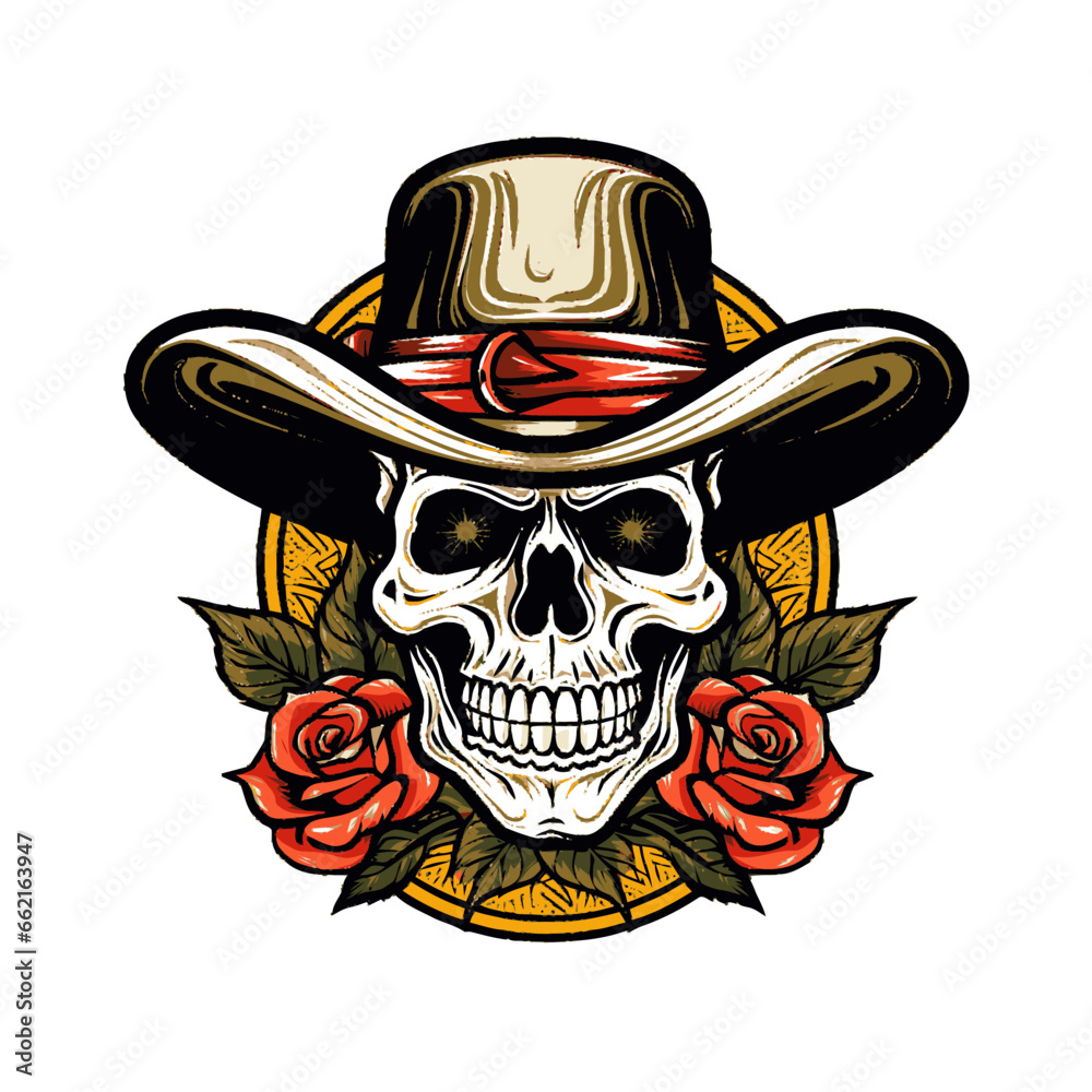 Fototapeta premium illustration of a skull wearing a hat and decorated with roses