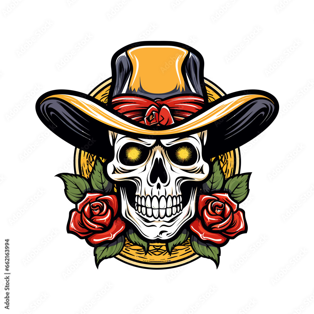 illustration of a skull wearing a hat and decorated with roses illustration of a skull wearing a hat and decorated with roses