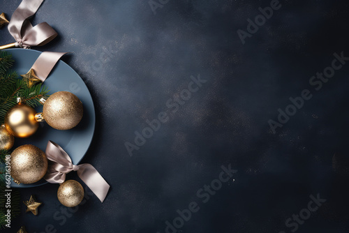 Top view of festive decoration on dark background. New Year concept. Copy space. Flat lay.