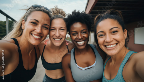 Four women in workout attire gather for a selfie post-exercise, laughing and flexing their muscles with joy in a fitness studio