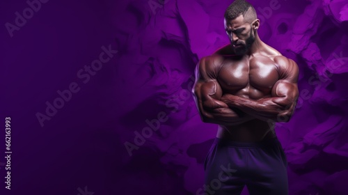 Male bodybuilder on anabolic steroids infront of clean purple background
