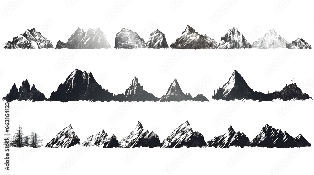 set of vector silhouettes of the mountains on white background
