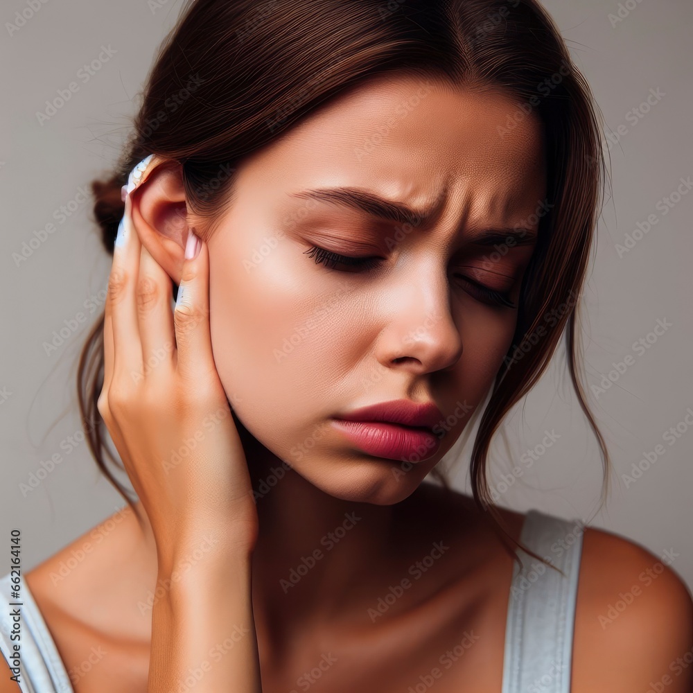 Young woman suffering from strong earache or ear pain. Ear inflammation, otitis or tinnitus. Generative AI Young woman suffering from strong earache or ear pain. Ear inflammation, otitis or tinnitus. Generative AI
